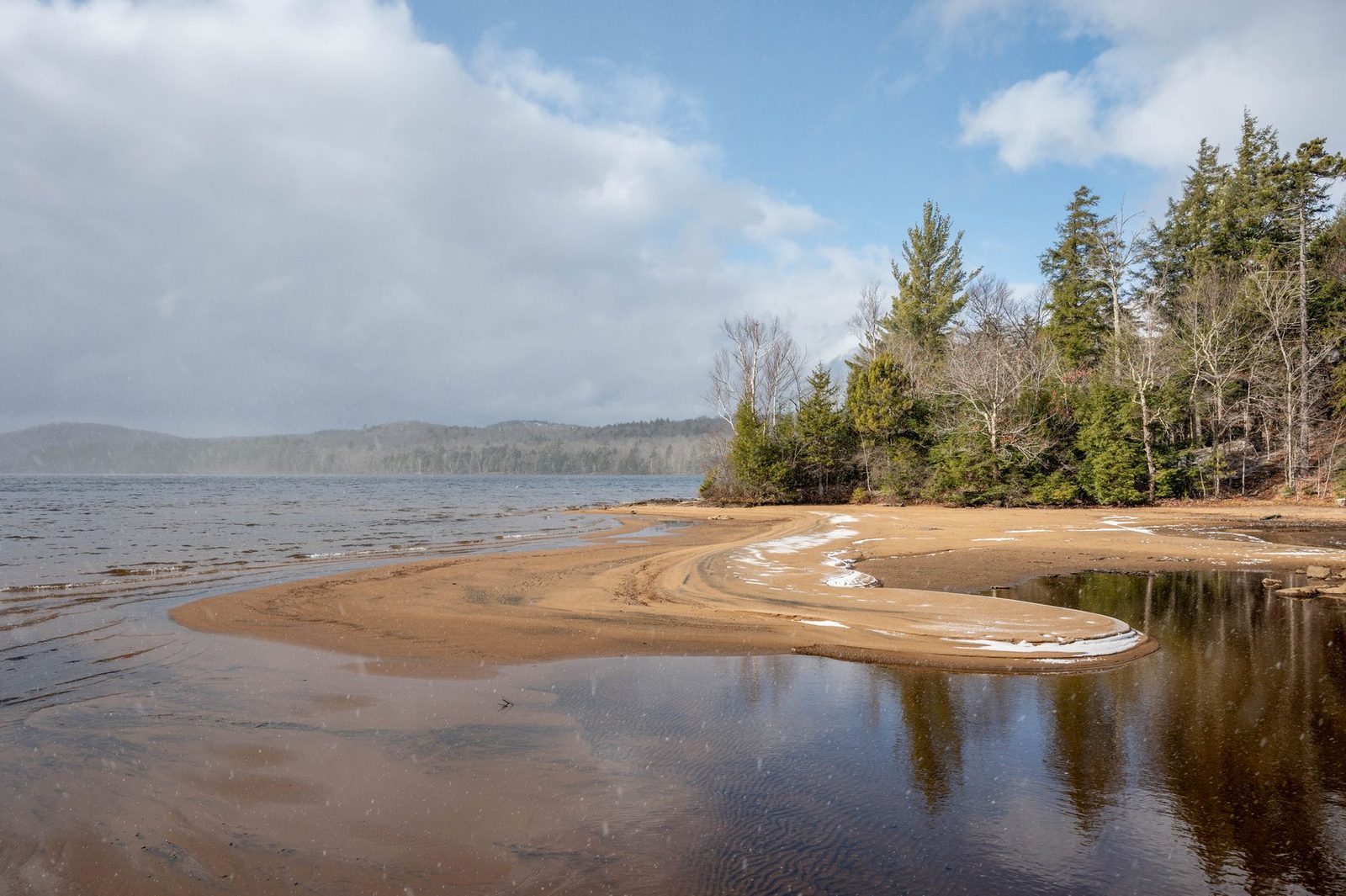 A snow-lined lake shore in the pines