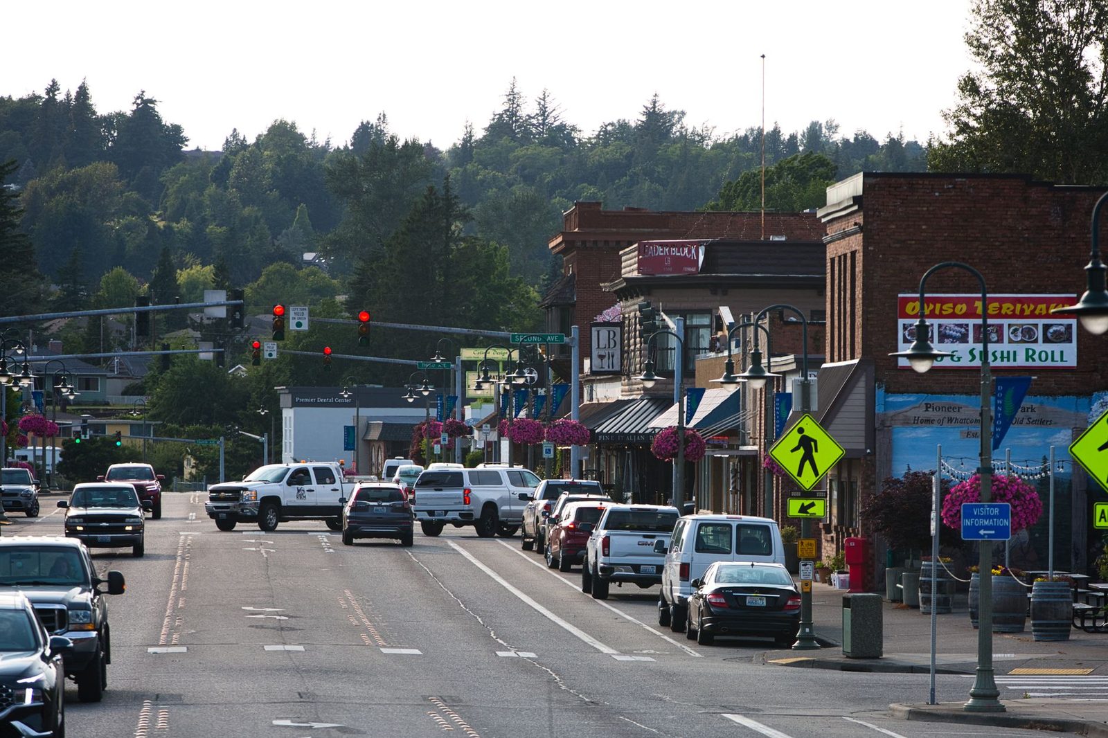 A main street of shops on a weekday